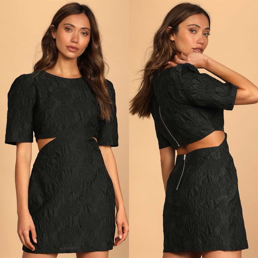Lulus | Romantic Reunion Black Jacquard Cutout Short Sleeve Mini Dress
